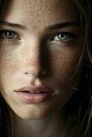 a close up of a woman with freckles on her face generative ai photo