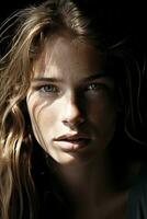 a close up of a woman with long wavy hair generative ai photo