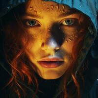 a close up of a woman with red hair in the rain generative ai photo