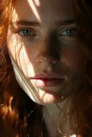 a close up of a woman with red hair and freckles generative ai photo