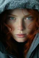 a close up of a woman with red hair and green eyes generative ai photo