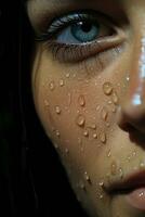 a close up of a woman with water droplets on her face generative ai photo