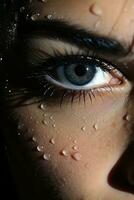 a close up of a womans eye with water droplets on it generative ai photo