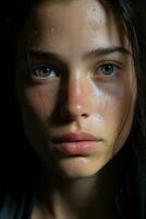 a close up of a woman with wet hair generative ai photo