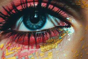 a close up of a womans eye with colorful paint on it generative ai photo