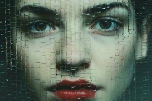 a close up of a womans face through a glass window generative ai photo