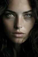 a close up of a womans face with dark hair generative ai photo
