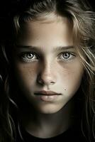 a close up of a young girl with freckles on her face generative ai photo
