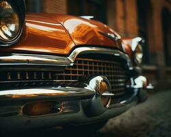 un cerca arriba de un antiguo coche en un guijarro calle generativo ai foto