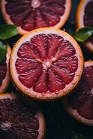 a close up of grapefruit slices on a black background generative ai photo