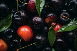 a close up of cherries with water droplets on them generative ai photo