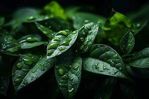 a close up of green leaves with water droplets generative ai photo