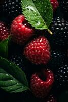 a close up of raspberries and blackberries with green leaves generative ai photo