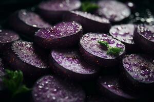 a close up of purple potatoes with water droplets on them generative ai photo