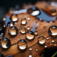 un cerca arriba de agua gotas en un pedazo de madera generativo ai foto