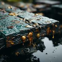 a close up view of a wooden bench covered in rust generative ai photo