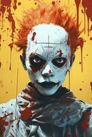 a creepy clown with blood splatters on his face generative ai photo