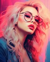 a digital painting of a woman with glasses and pink hair generative ai photo