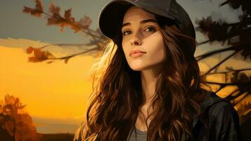 un digital pintura de un mujer con largo pelo y un sombrero generativo ai foto