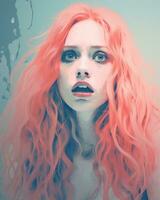 a digital painting of a woman with pink hair generative ai photo