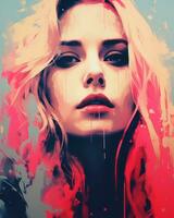 a digital painting of a woman with pink hair generative ai photo