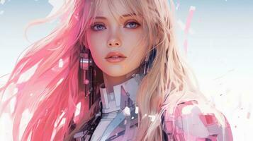 a digital painting of a woman with pink hair generative ai photo