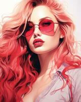 un digital pintura de un mujer con rojo pelo y Gafas de sol generativo ai foto