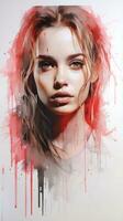 un digital pintura de un mujer con rojo pintar en su cara generativo ai foto