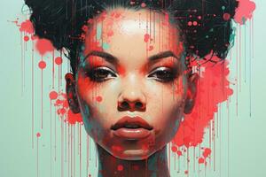 a digital painting of a woman with red paint splatters on her face generative ai photo