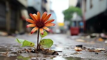 a flower growing out of a puddle in the middle of a street generative ai photo