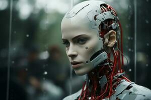 un hembra robot con rojo alambres en su cabeza generativo ai foto