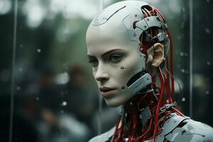 a female robot with red wires on her head generative ai photo