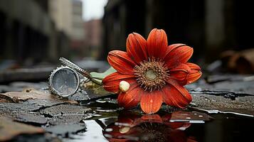 a flower and a watch on the ground generative ai photo