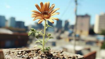 a flower growing out of a cement block in front of a city skyline generative ai photo