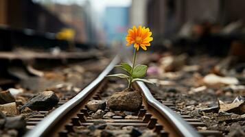 a flower growing on the tracks of a train track generative ai photo