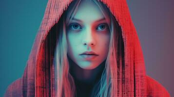 a girl in a red hoodie with a blue background generative ai photo