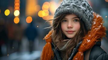 a girl wearing a winter hat and scarf in the snow generative ai photo