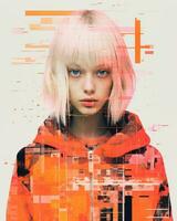 a girl with blonde hair and an orange jacket generative ai photo