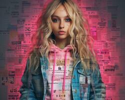 a girl with blonde hair wearing a pink hoodie and denim jacket standing in front of a pink background generative ai photo