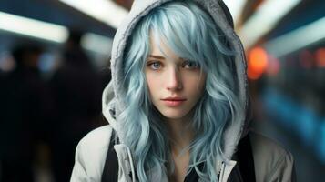 a girl with blue hair and a hoodie generative ai photo