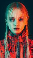 a girl with braids and a computer screen in front of her face generative ai photo