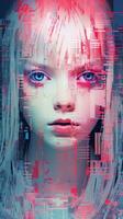 a girl with blue eyes and pink hair is in front of a computer screen generative ai photo