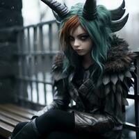 a girl with green hair and horns sitting on a bench generative ai photo