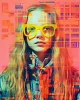 a girl with glasses and a scarf is standing in front of a colorful background generative ai photo
