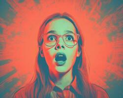 a girl with glasses and a shocked expression on her face generative ai photo