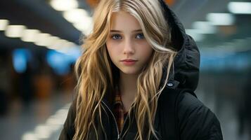 a girl with long blonde hair and a black jacket generative ai photo
