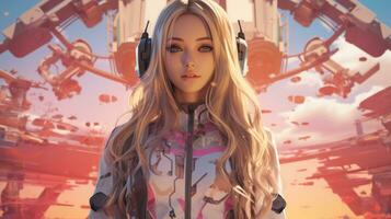 a girl with headphones on in front of a futuristic city generative ai photo