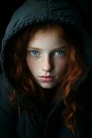 a girl with freckles in a hooded jacket generative ai photo