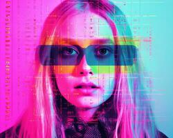 a girl with glasses and a pink and blue background generative ai photo