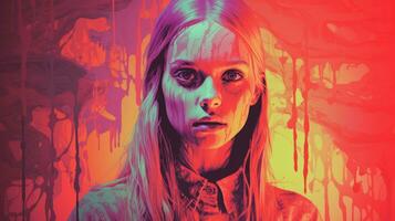 a girl with long blonde hair in front of an orange and red background generative ai photo